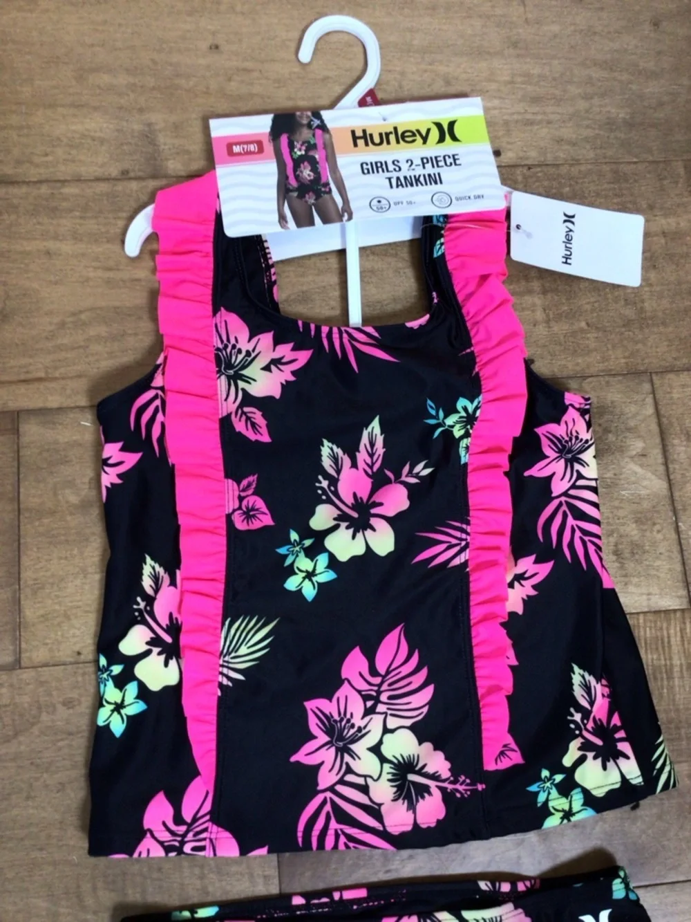 Hurley Girls 2-Piece Ruffle Black Tropical Floral Tankini Swim Set Size M 7-8